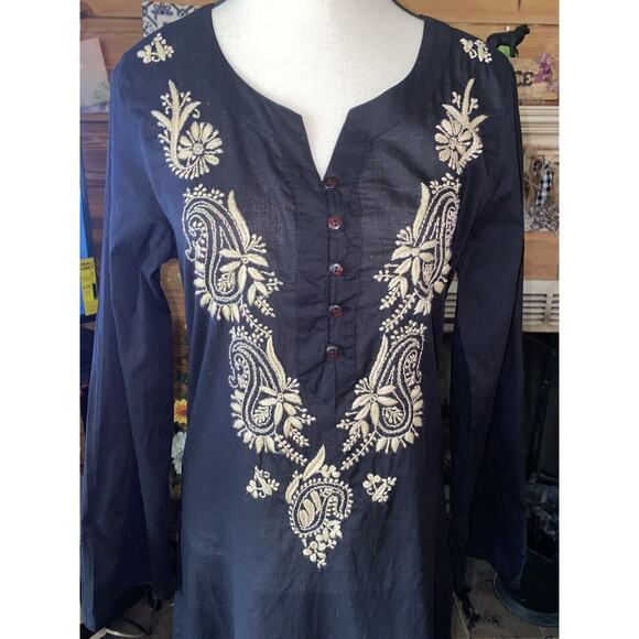 NWT Amanda Blu Blk Ctn Boho Hippie Tunic Ivory Embroidered Sm Lagenlook - Picture 2 of 9